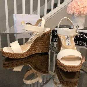 Jimmy Choo Latte Nappa Leather Wedges with Crystal Buckle Size 6.5